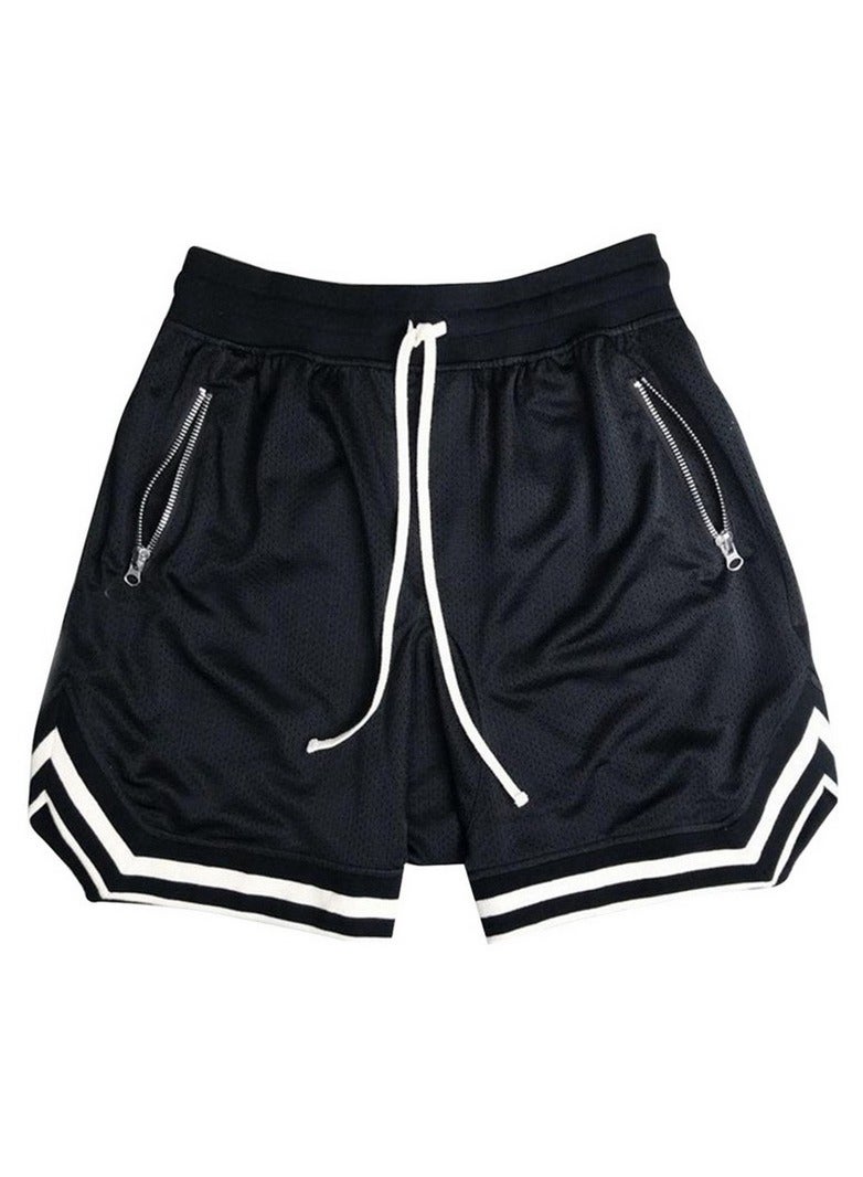 Plus Size Casual Men Striped Basketball Shorts Summer Drawstring Sports Pants Black  - Image 1