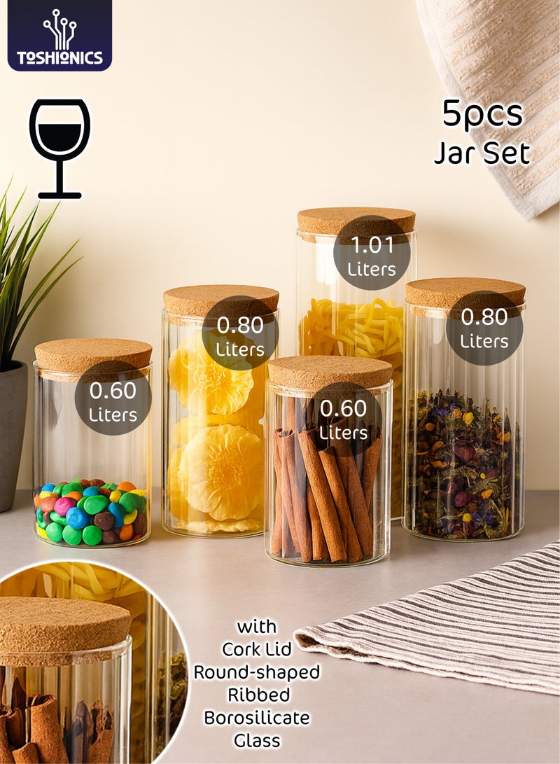 Toshionics 5-Piece Ribbed Borosilicate Glass Storage Jar Set with Cork Lids T114689 | Clear Round Textured Kitchen Canisters for Dry Food, Pasta, Spices, Snacks & Pantry Organization - Image 1