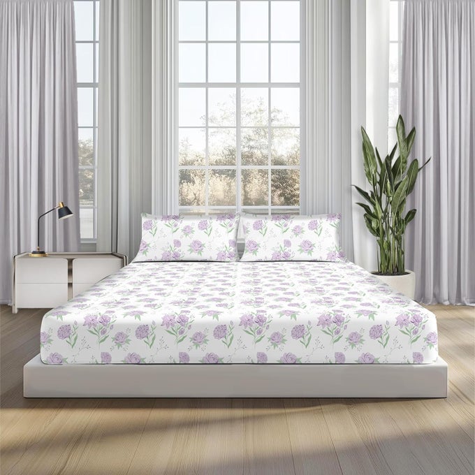 LOUNGE 100 COTTON LAVENDER PRIMEROSE PRINT PREMIUM KING SIZE BEDSHEET FOR DOUBLE BED SOFT BREATHABLE 180 TC BED SHEET FOR BEDROOM WRINKLERESISTANT LAVENDER OFF WHITE KING