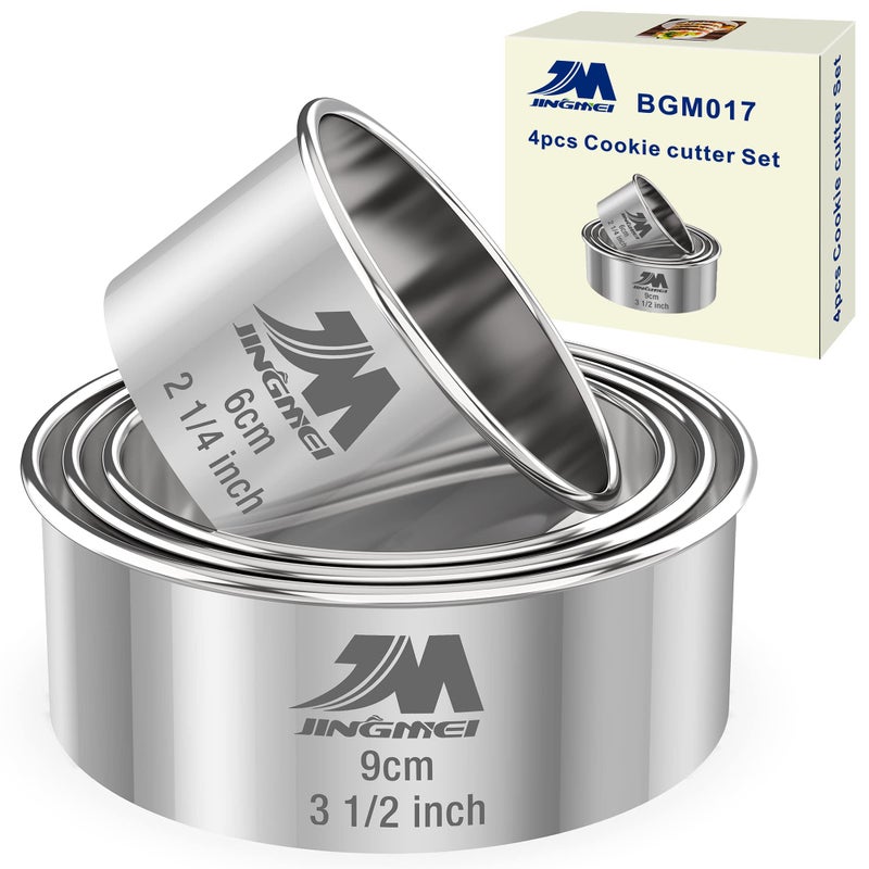 M JINGMEI M JNGMEI 4 Pieces Stainless Steel Cookie Cutter Set 2.25inch  2.75inch  3.25inch 3.5inch Biscuit Plain Edge Round Cutters Sizes Shape Molds GIFT PACKAGE - Image 1