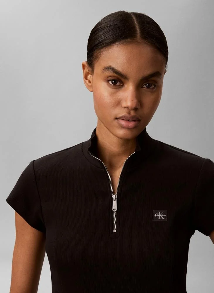 Calvin Klein Jeans  Ribbed Monologo Quarter-Zip T-Shirt for Women | Best Price UAE