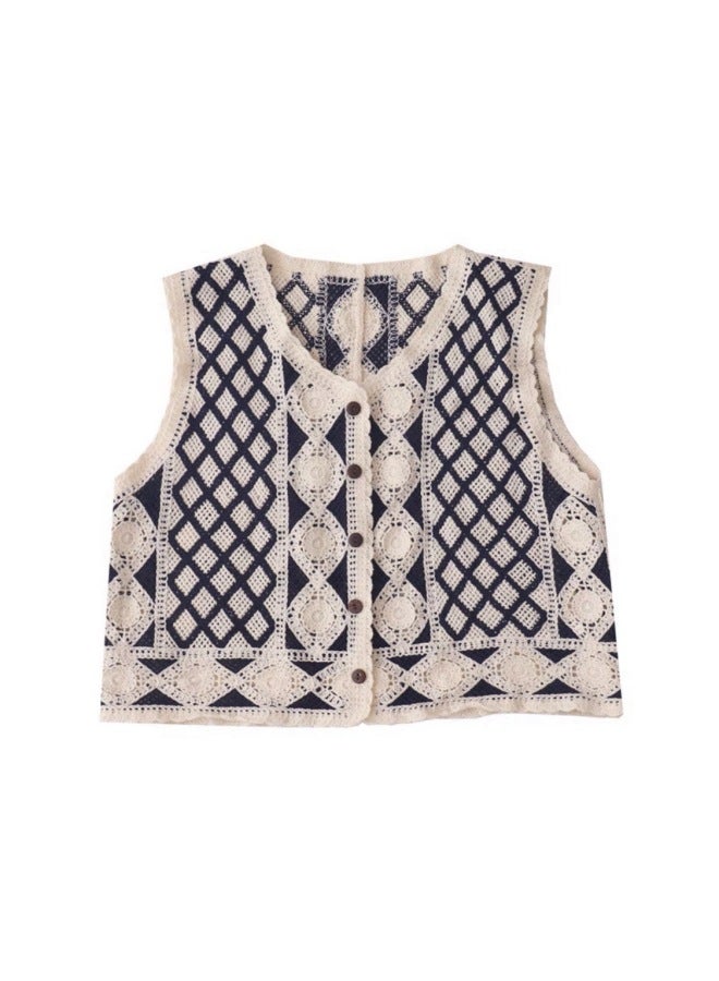 Vintage Crochet Hollow Outerwear Knitted Cardigan For Women New Loose Versatile V-neck Short Top For Summer
