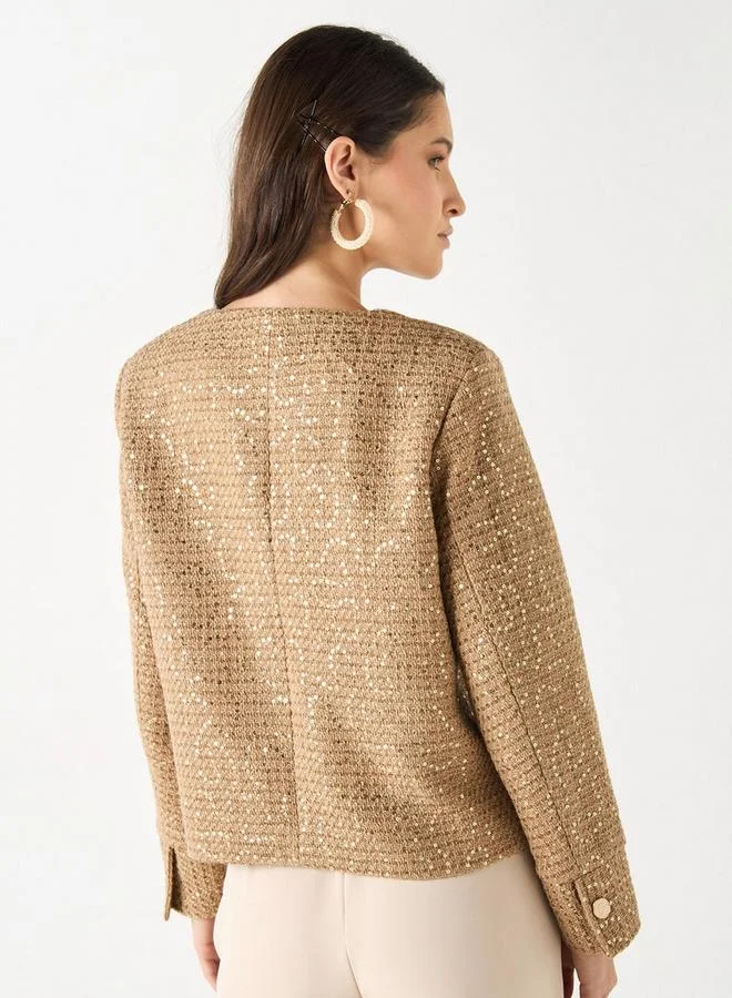 Iconic Iconic All-Over Embellished Button Through Jacket with Long Sleeves