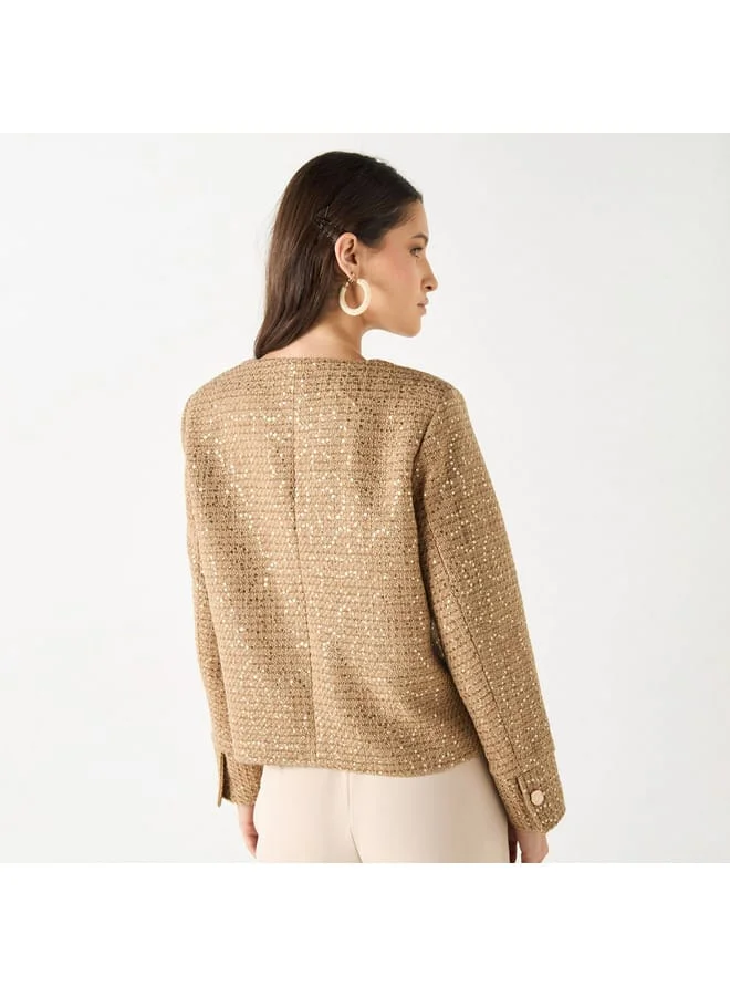 Iconic Iconic All-Over Embellished Button Through Jacket with Long Sleeves
