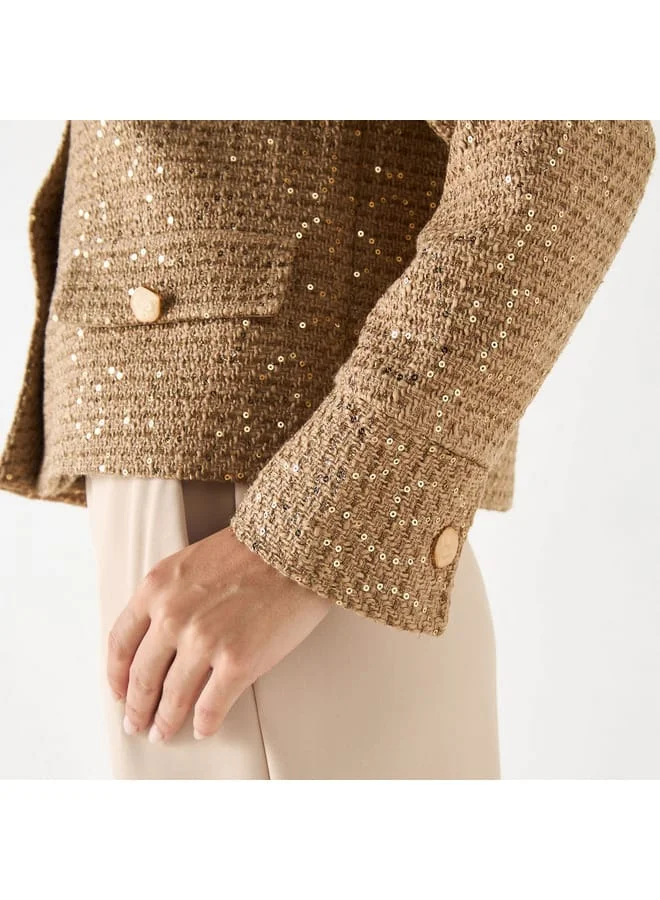 Iconic Iconic All-Over Embellished Button Through Jacket with Long Sleeves