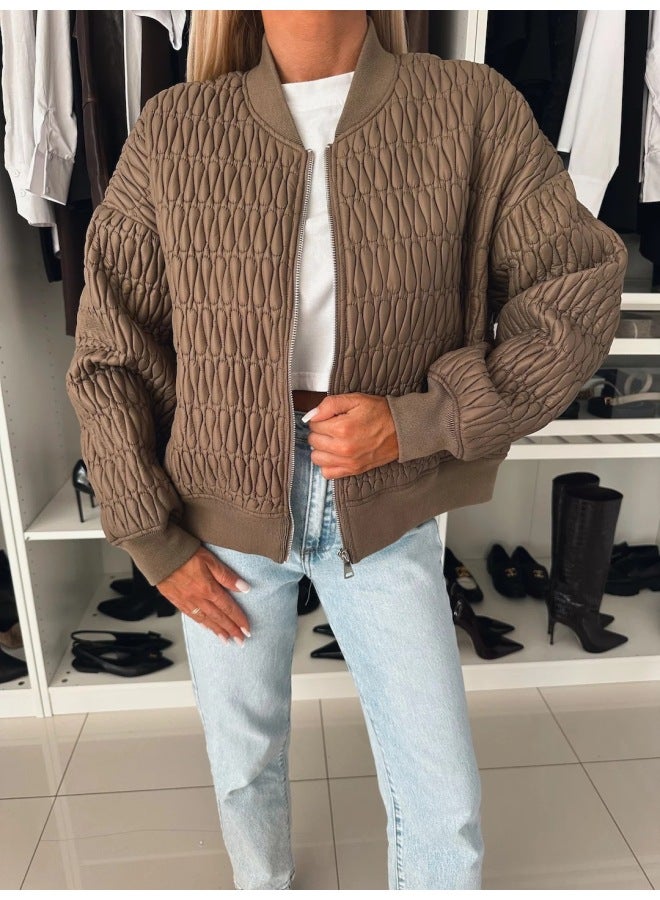 European And American Clothing Autumn And Winter Pure Color Embroidered Short Zipper Jacket Cotton Jacket