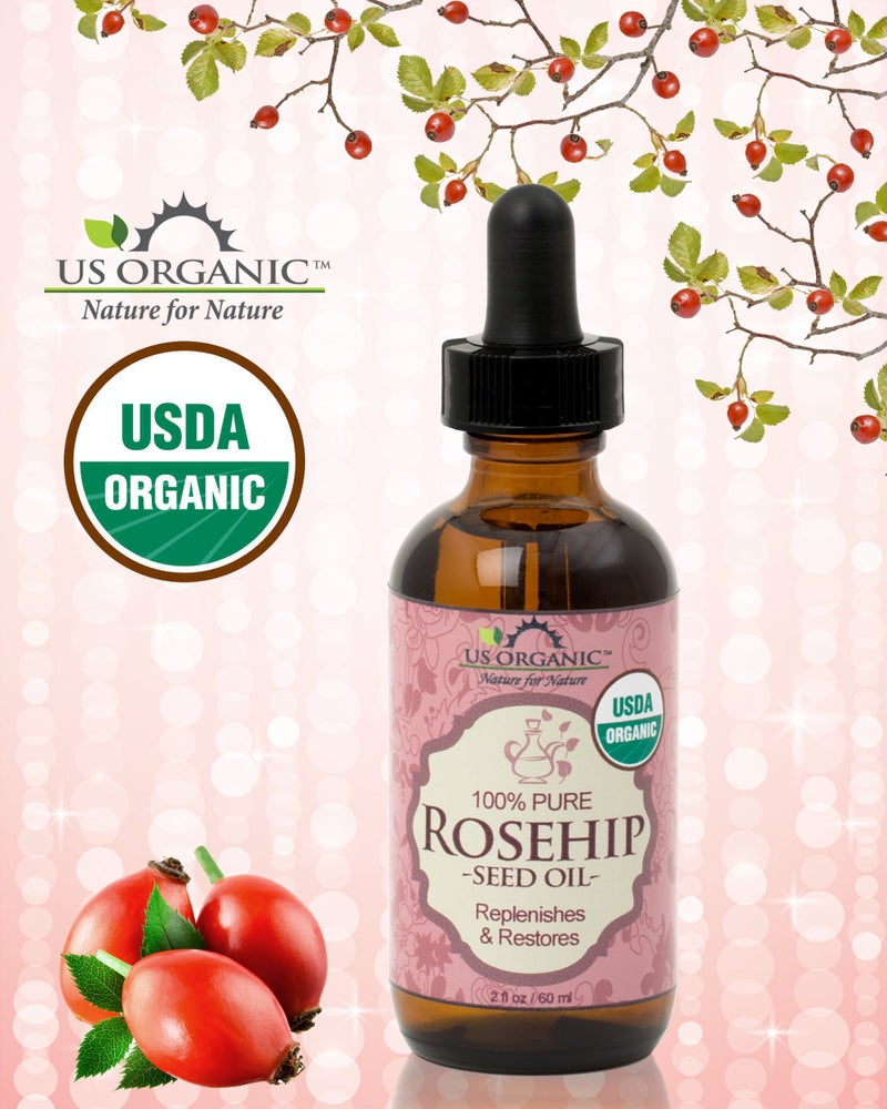 US Organic Rosehip Seed Oil, USDA Certified Organic, Cold Pressed, Virgin Organic, Amber Glass Bottle and Glass Eyedropper for Easy Application - 2 oz (56 ml) - Image 1