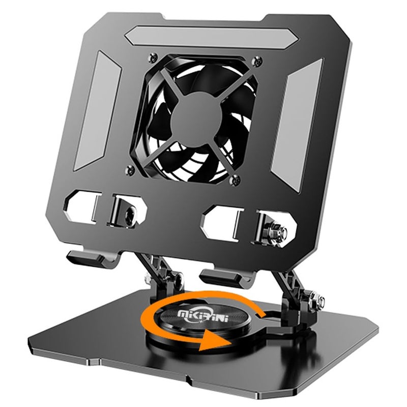 Mikirini 360Â° Rotating Tablet Desk Stand Holder with USB Coolerï¼ŒCarbon Steel Frame Dual Rod Mount Support for iPad Pro 13 12 11 Air Mini 5 4 3 Samsung Tab E-Reader (Black with Built-in Cooler) - Image 1