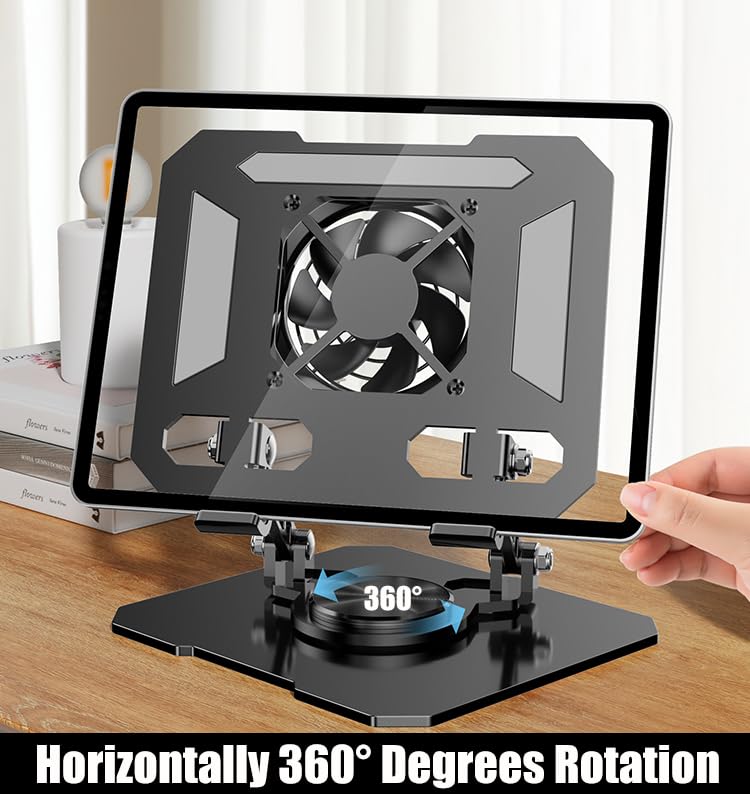 Mikirini 360Â° Rotating Tablet Desk Stand Holder with USB Coolerï¼ŒCarbon Steel Frame Dual Rod Mount Support for iPad Pro 13 12 11 Air Mini 5 4 3 Samsung Tab E-Reader (Black with Built-in Cooler) - Image 5