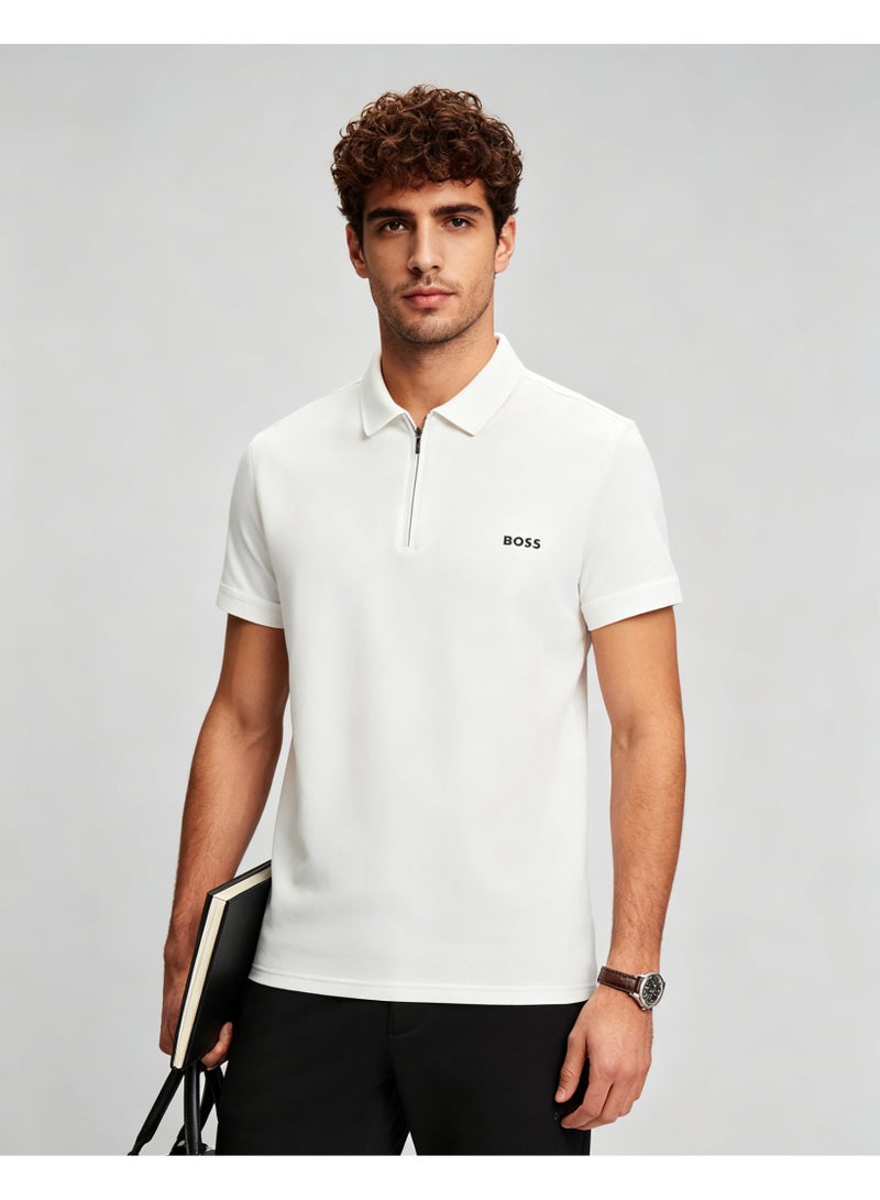 BOSS Men Half Zip Collar Short Sleeve Polo Shirt Summer Smart Casual Top Off White - Image 3