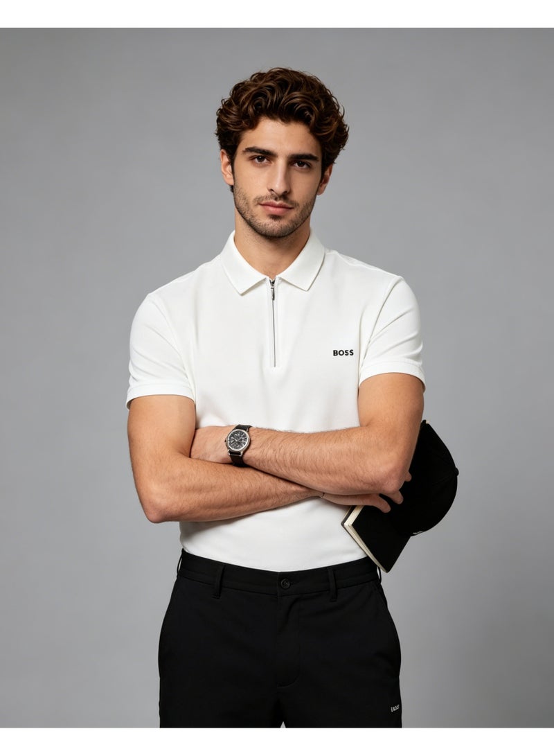 BOSS Men Half Zip Collar Short Sleeve Polo Shirt Summer Smart Casual Top Off White - Image 2