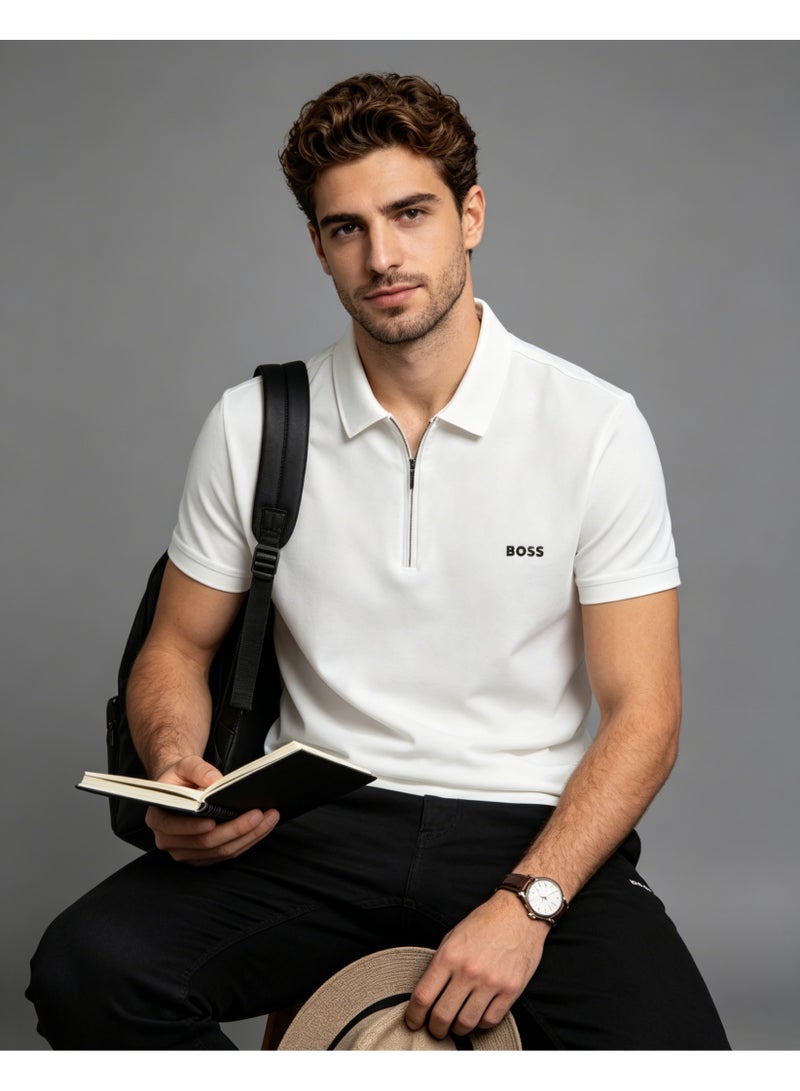 BOSS Men Half Zip Collar Short Sleeve Polo Shirt Summer Smart Casual Top Off White - Image 1