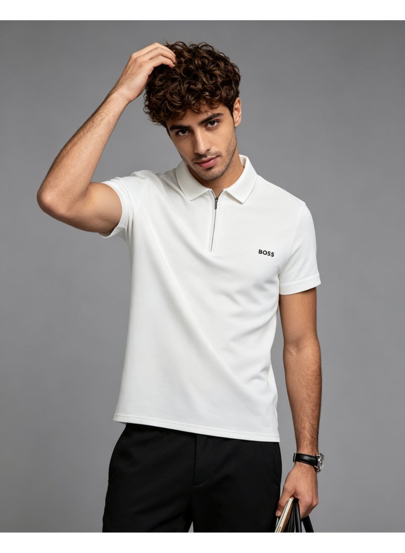 BOSS Men Half Zip Collar Short Sleeve Polo Shirt Summer Smart Casual Top Off White - Image 4
