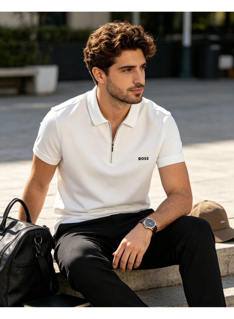BOSS Men Half Zip Collar Short Sleeve Polo Shirt Summer Smart Casual Top Off White - Image 5