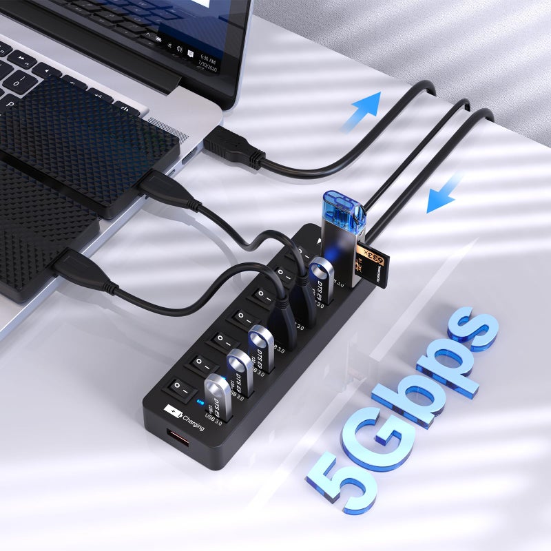 Vemont Powered USB Hub 3.0,VEMONT 7 Ports Multi USB hubs and 1 USB Smart Charging Port with 5V/3A Power Supply,USB Extension Splitter with Individual On/Off Switches and 4ft/1.2m Long Cable for PC/Laptop - Image 2