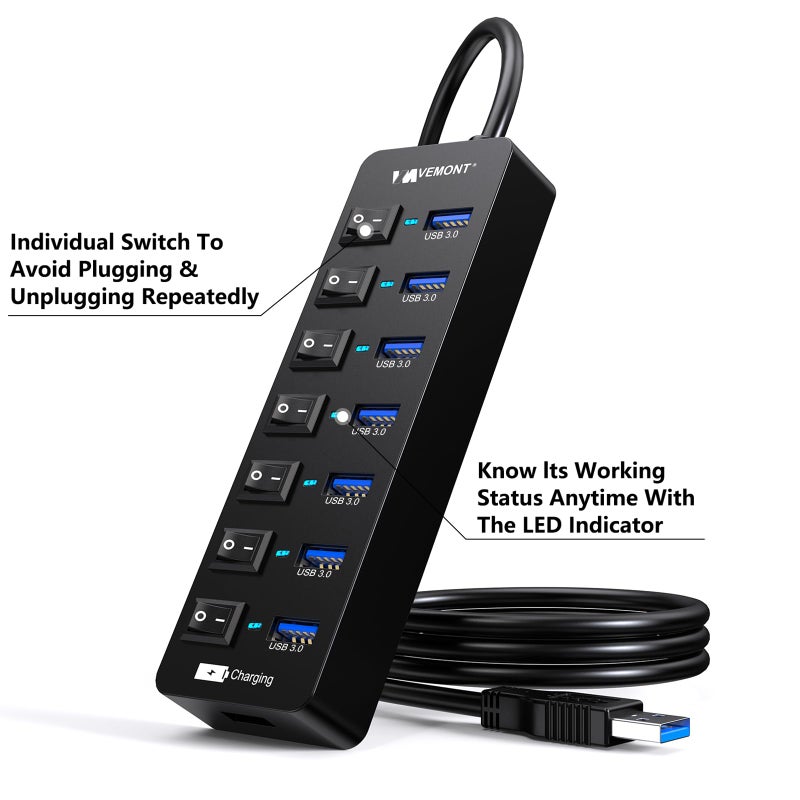 Vemont Powered USB Hub 3.0,VEMONT 7 Ports Multi USB hubs and 1 USB Smart Charging Port with 5V/3A Power Supply,USB Extension Splitter with Individual On/Off Switches and 4ft/1.2m Long Cable for PC/Laptop - Image 4