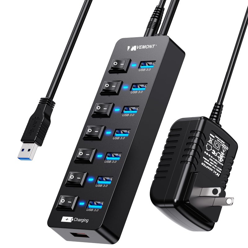 Vemont Powered USB Hub 3.0,VEMONT 7 Ports Multi USB hubs and 1 USB Smart Charging Port with 5V/3A Power Supply,USB Extension Splitter with Individual On/Off Switches and 4ft/1.2m Long Cable for PC/Laptop - Image 1