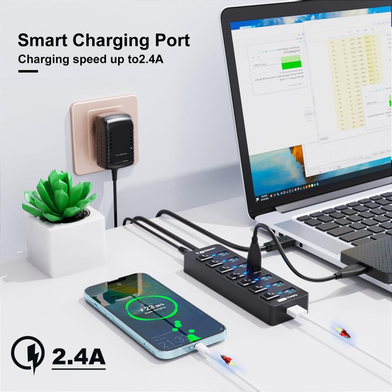 Vemont Powered USB Hub 3.0,VEMONT 7 Ports Multi USB hubs and 1 USB Smart Charging Port with 5V/3A Power Supply,USB Extension Splitter with Individual On/Off Switches and 4ft/1.2m Long Cable for PC/Laptop - Image 3