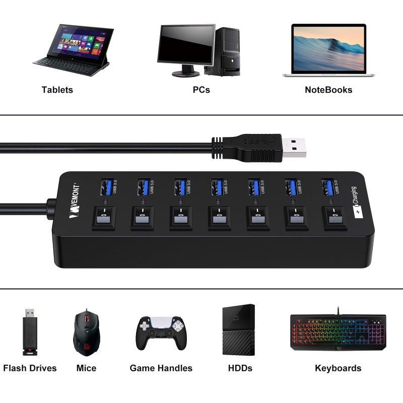 Vemont Powered USB Hub 3.0,VEMONT 7 Ports Multi USB hubs and 1 USB Smart Charging Port with 5V/3A Power Supply,USB Extension Splitter with Individual On/Off Switches and 4ft/1.2m Long Cable for PC/Laptop - Image 5