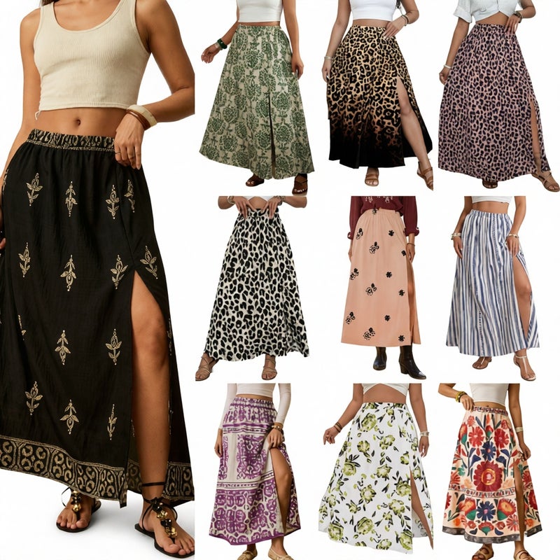 Fashion Print Patchwork High Waist Split Midi Skirt - Image 1