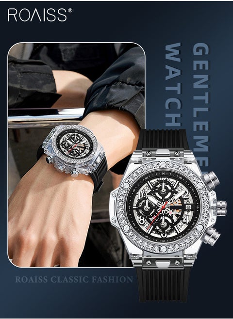 Men's TPU Strap Chronograph Quartz Watch Round Hollow Design Translucent Dial with Calendar Display Waterproof Luminous Wristwatch as Gift for Men