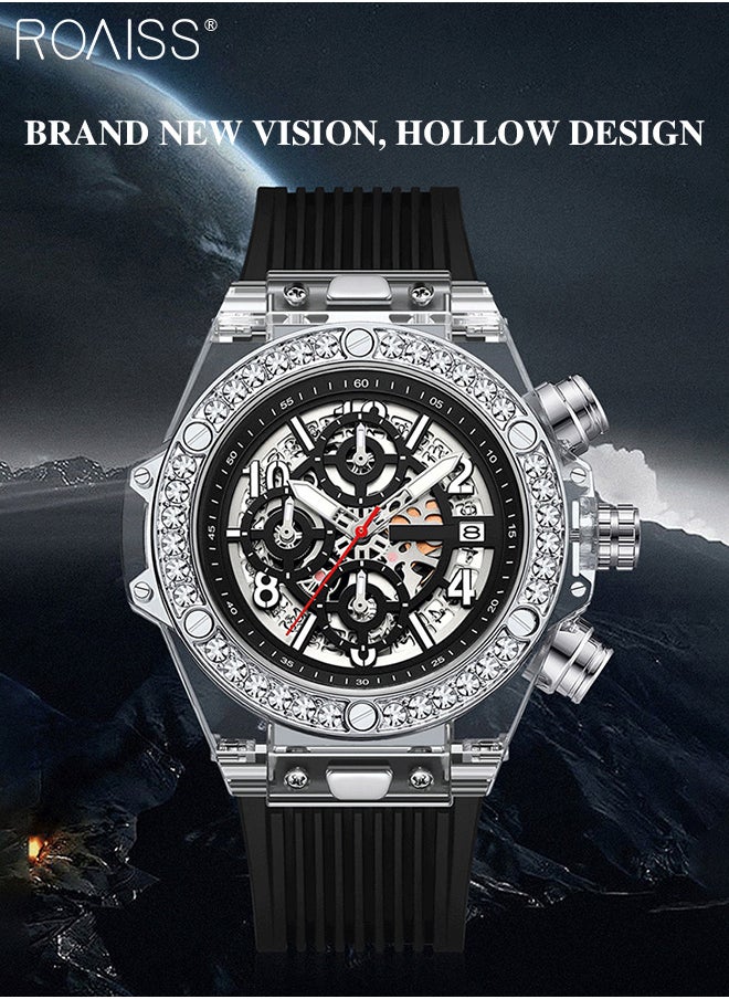Men's TPU Strap Chronograph Quartz Watch Round Hollow Design Translucent Dial with Calendar Display Waterproof Luminous Wristwatch as Gift for Men