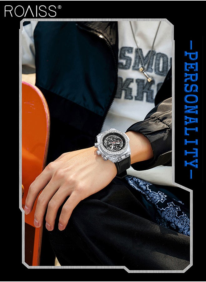 Men's TPU Strap Chronograph Quartz Watch Round Hollow Design Translucent Dial with Calendar Display Waterproof Luminous Wristwatch as Gift for Men