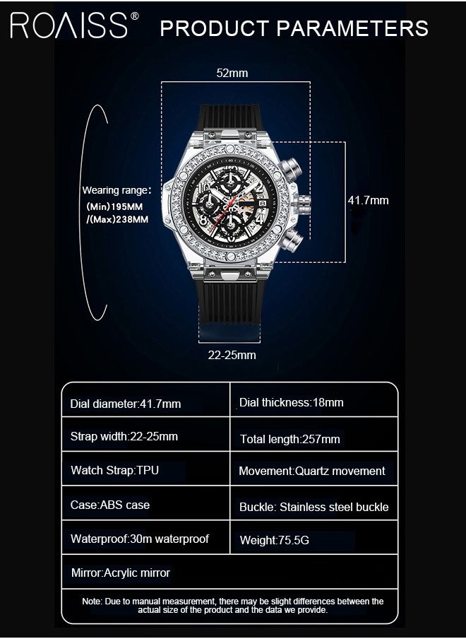 Men's TPU Strap Chronograph Quartz Watch Round Hollow Design Translucent Dial with Calendar Display Waterproof Luminous Wristwatch as Gift for Men