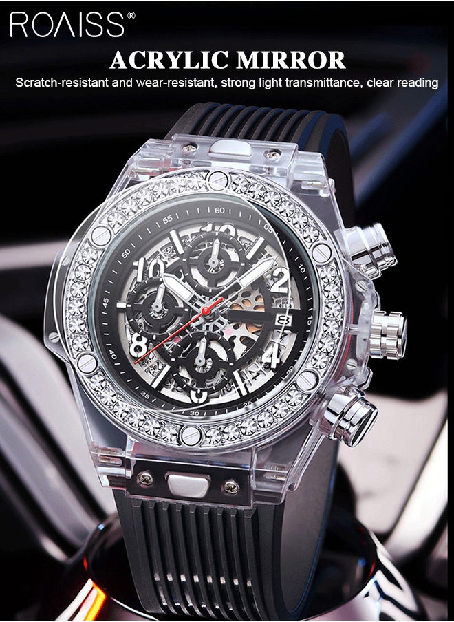 Men's TPU Strap Chronograph Quartz Watch Round Hollow Design Translucent Dial with Calendar Display Waterproof Luminous Wristwatch as Gift for Men