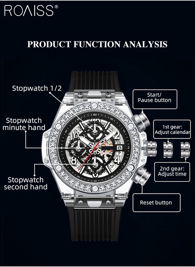 Men's TPU Strap Chronograph Quartz Watch Round Hollow Design Translucent Dial with Calendar Display Waterproof Luminous Wristwatch as Gift for Men