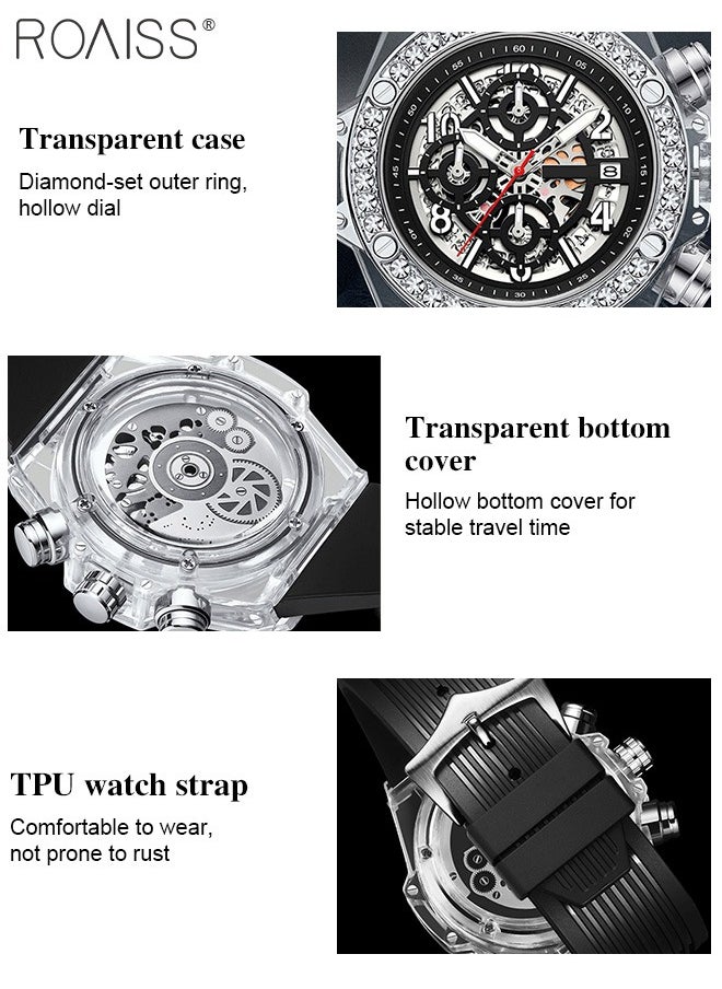 Men's TPU Strap Chronograph Quartz Watch Round Hollow Design Translucent Dial with Calendar Display Waterproof Luminous Wristwatch as Gift for Men