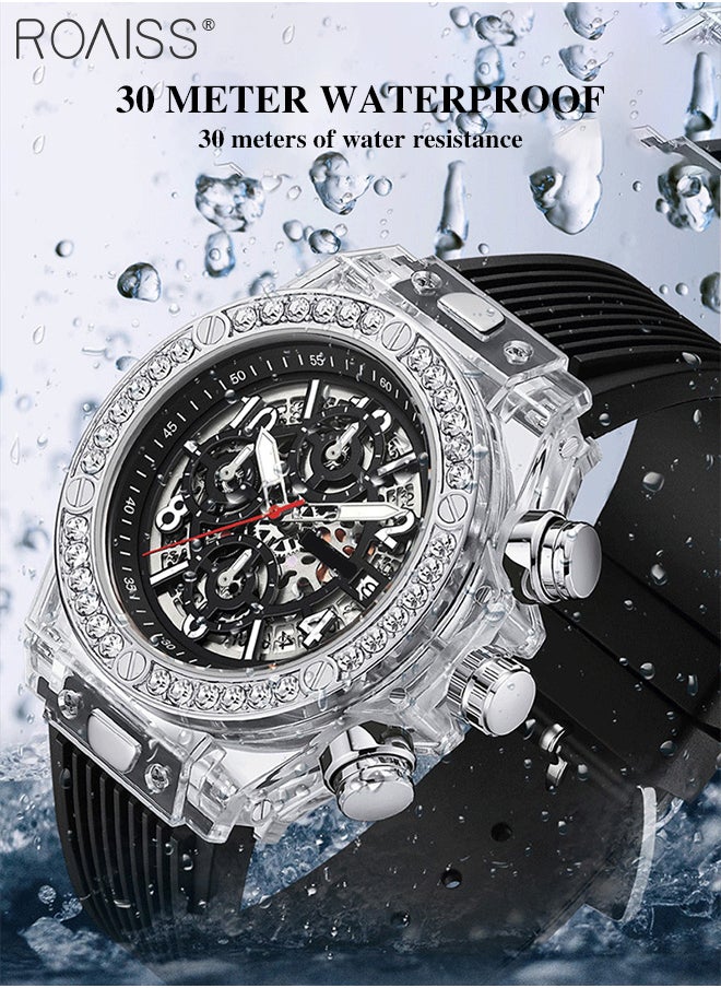 Men's TPU Strap Chronograph Quartz Watch Round Hollow Design Translucent Dial with Calendar Display Waterproof Luminous Wristwatch as Gift for Men