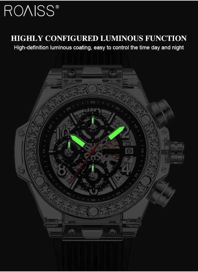 Men's TPU Strap Chronograph Quartz Watch Round Hollow Design Translucent Dial with Calendar Display Waterproof Luminous Wristwatch as Gift for Men