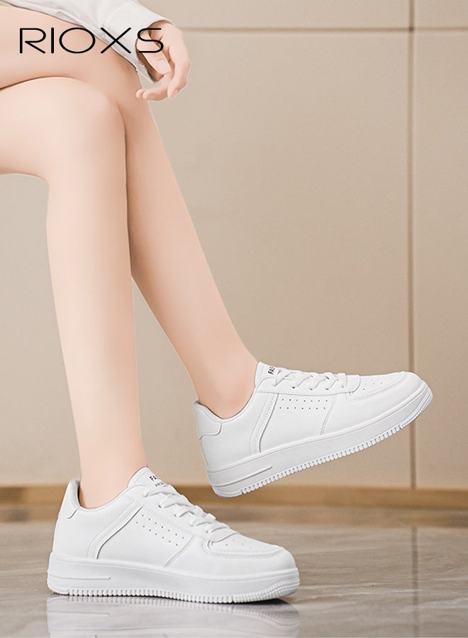 RIOXS Women's Classic White Sneakers, Casual Lightweight Leather Platform Sneakers, Breathable Sports Shoes Comfortable Walking Shoes for Ladies, Trendy Low Top Sneakers Versatile Leisure Shoes Tennis Shoes for Shopping Work Travel and Daily Wear, White - Image 3
