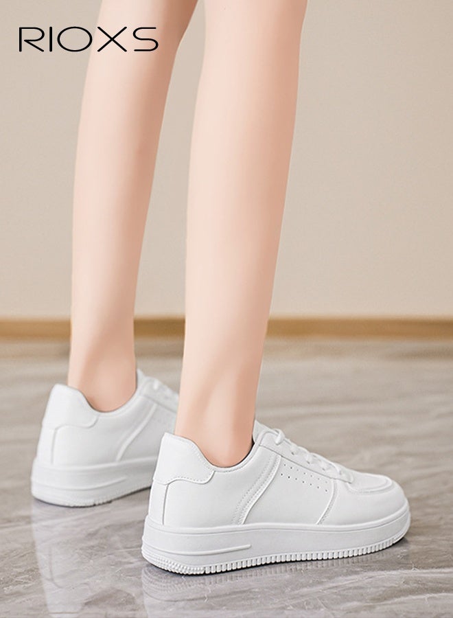 RIOXS Women's Classic White Sneakers, Casual Lightweight Leather Platform Sneakers, Breathable Sports Shoes Comfortable Walking Shoes for Ladies, Trendy Low Top Sneakers Versatile Leisure Shoes Tennis Shoes for Shopping Work Travel and Daily Wear, White - Image 4