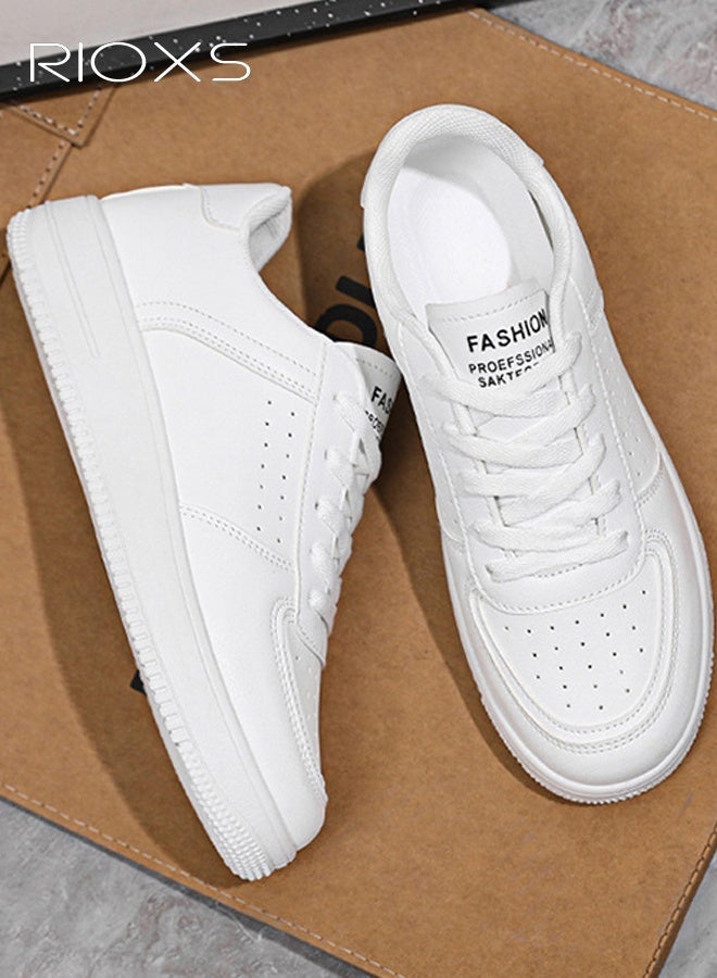 RIOXS Women's Classic White Sneakers, Casual Lightweight Leather Platform Sneakers, Breathable Sports Shoes Comfortable Walking Shoes for Ladies, Trendy Low Top Sneakers Versatile Leisure Shoes Tennis Shoes for Shopping Work Travel and Daily Wear, White - Image 2
