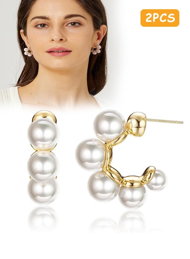 إم إكس إن Pearl Hoop Earrings, Pearl Drop Earrings, 925 Sterling Silver Gold Pearl Hoops EarringsTrendy Lightweight Hypoallergenic Pearl EarringsJewelry - Image 1