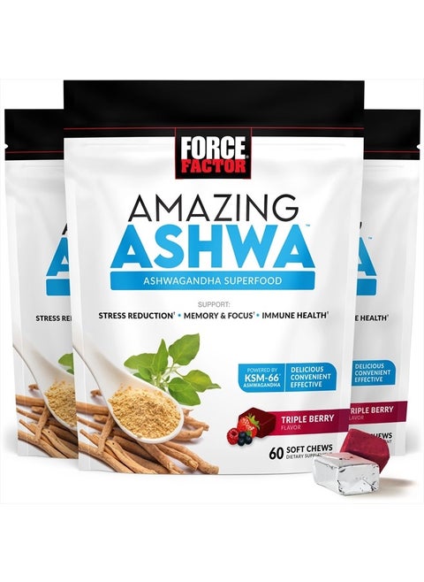 FORCE FACTOR Amazing Ashwa for Stress Relief, Memory, Focus, and Immune Support Health, Ashwaganda Supplement with KSM-66 Ashwagandha for Stress, 180 Soft Chews