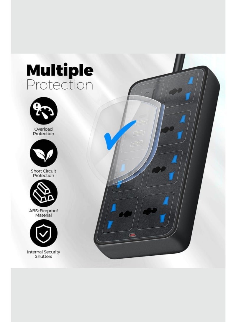 BIVATU Extension Cord 2000W 2.4A with 3m Cable | 6 AC Plugs & 4 USB Ports | Multi-Socket Power Strip for Home & Office - Image 3