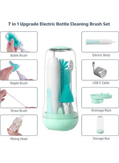 Super ZYouth Electric Bottle Brush Cleaner, Travel Bottle Cleaner Kit for Baby with Silicone Bottle, Nipple and Straw Brush, Stirring Head, Drying Rack and Storage Box, Green  - Image 3