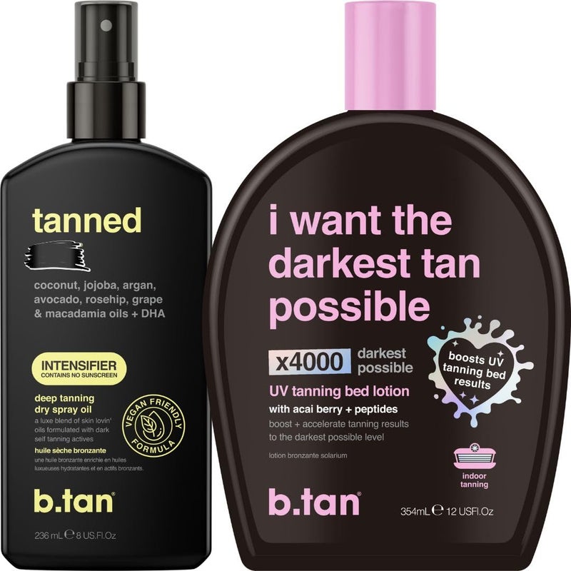 b tan b.tan Tanning Oil & UV Tan Bed Lotion Kit | Best Dark Sun Tanner Bundle - Fast, Tinted, Indoor Outdoor Browning Accelerator Cream & Dark Bronzing Spray, Body Tan Extender, No Suntan Protection - Image 1