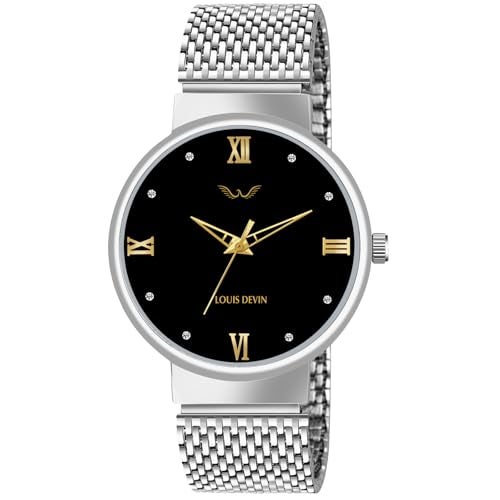 LOUIS DEVIN Stainless Steel Chain Analog Wrist Watch for Men (Black Dial) | LD-GR078-BLK-CH - Image 1