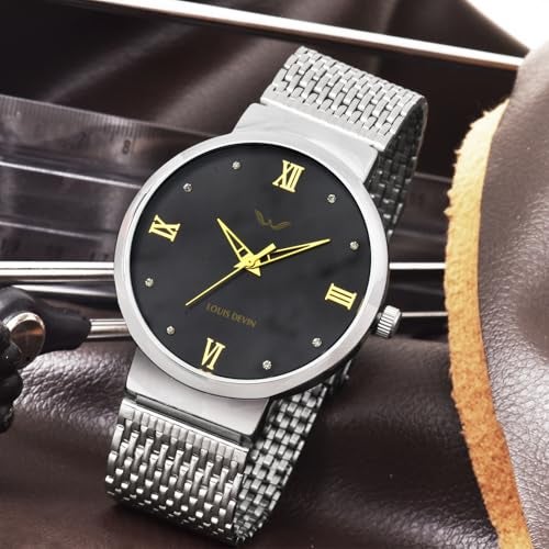 LOUIS DEVIN Stainless Steel Chain Analog Wrist Watch for Men (Black Dial) | LD-GR078-BLK-CH - Image 3