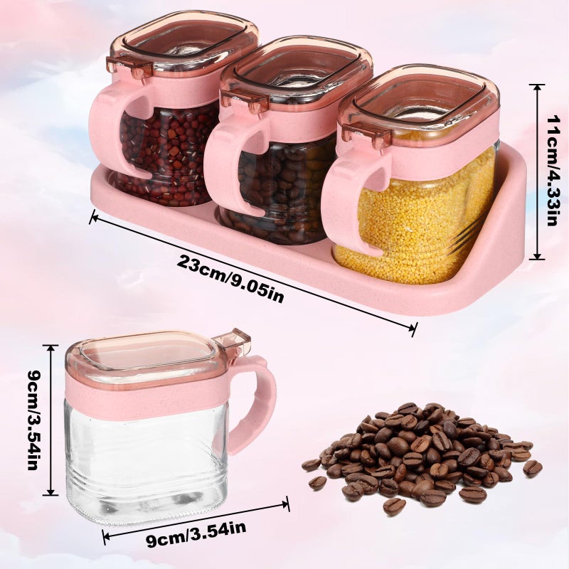 Lemecima 3 Pcs Pink Sugar Coffee Container Set Glass Condiment Jar Spice Container Station Organizer Set with Lable Stickers Scoop for Bean and Sugar Candy, Oats, Nuts - Image 2
