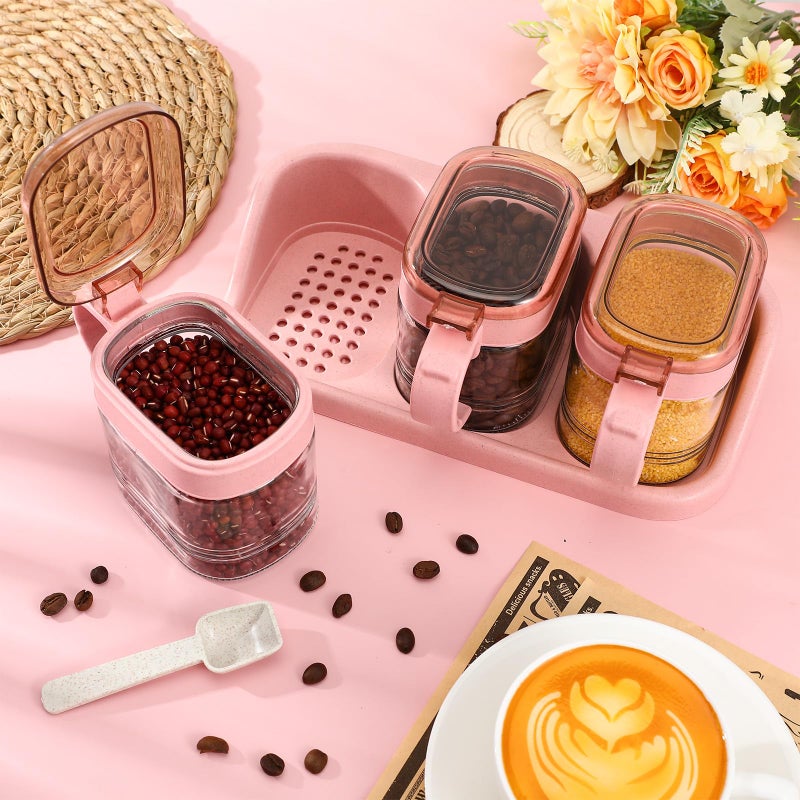 Lemecima 3 Pcs Pink Sugar Coffee Container Set Glass Condiment Jar Spice Container Station Organizer Set with Lable Stickers Scoop for Bean and Sugar Candy, Oats, Nuts - Image 4
