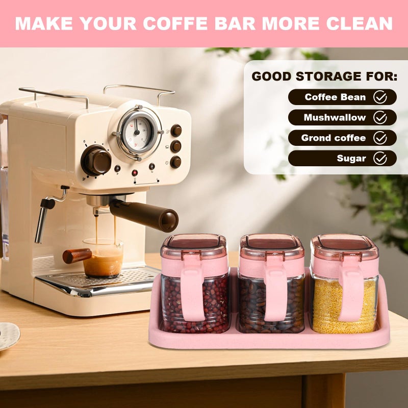 Lemecima 3 Pcs Pink Sugar Coffee Container Set Glass Condiment Jar Spice Container Station Organizer Set with Lable Stickers Scoop for Bean and Sugar Candy, Oats, Nuts - Image 3