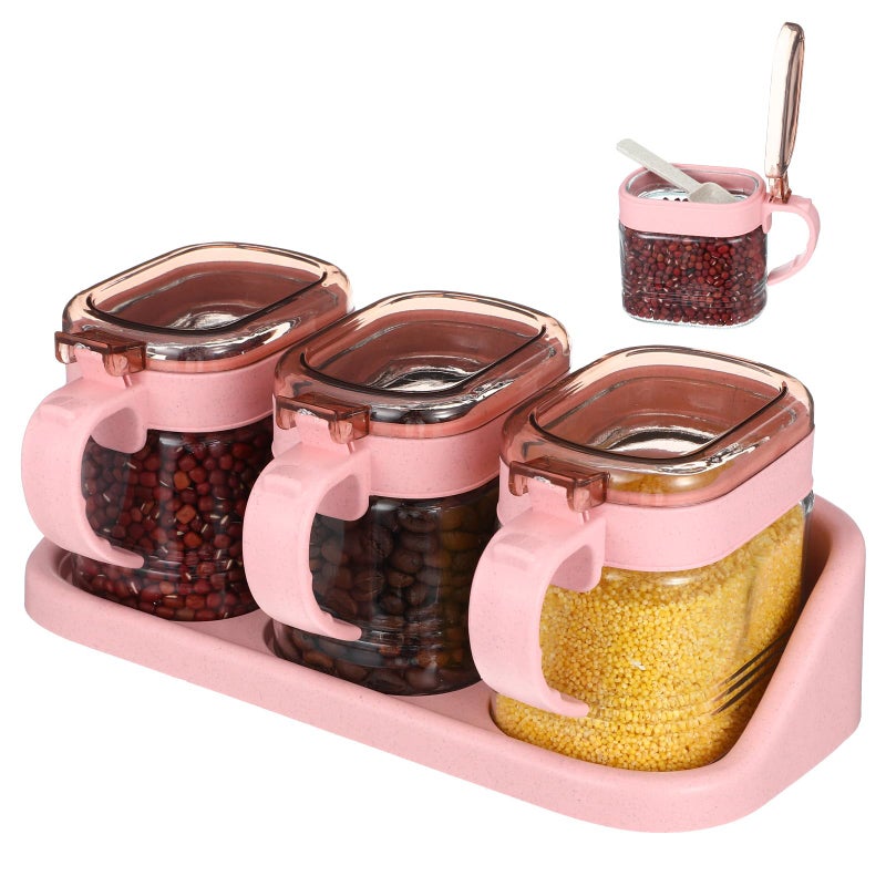 Lemecima 3 Pcs Pink Sugar Coffee Container Set Glass Condiment Jar Spice Container Station Organizer Set with Lable Stickers Scoop for Bean and Sugar Candy, Oats, Nuts - Image 1