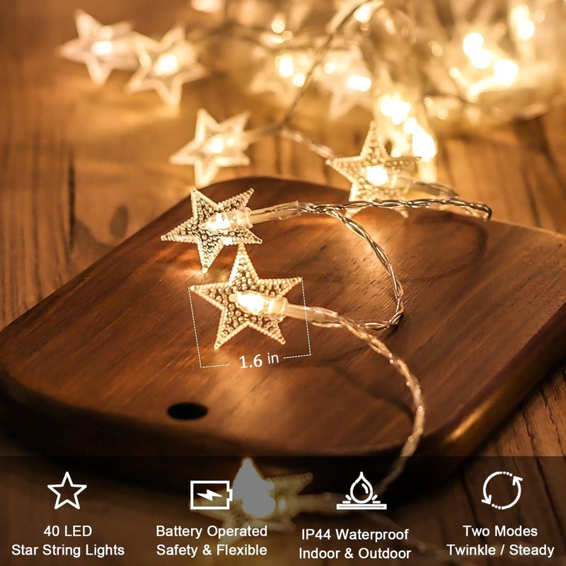 CESOF Ramadan Decorations Star String Lights, 20 FT 40 LED Battery Operated Twinkle Lights Warm White Cute Hanging Star Fairy Light for Bedroom Room Office Home Camper Indoor Outdoor Eid Xmas Tree Decor - Image 3