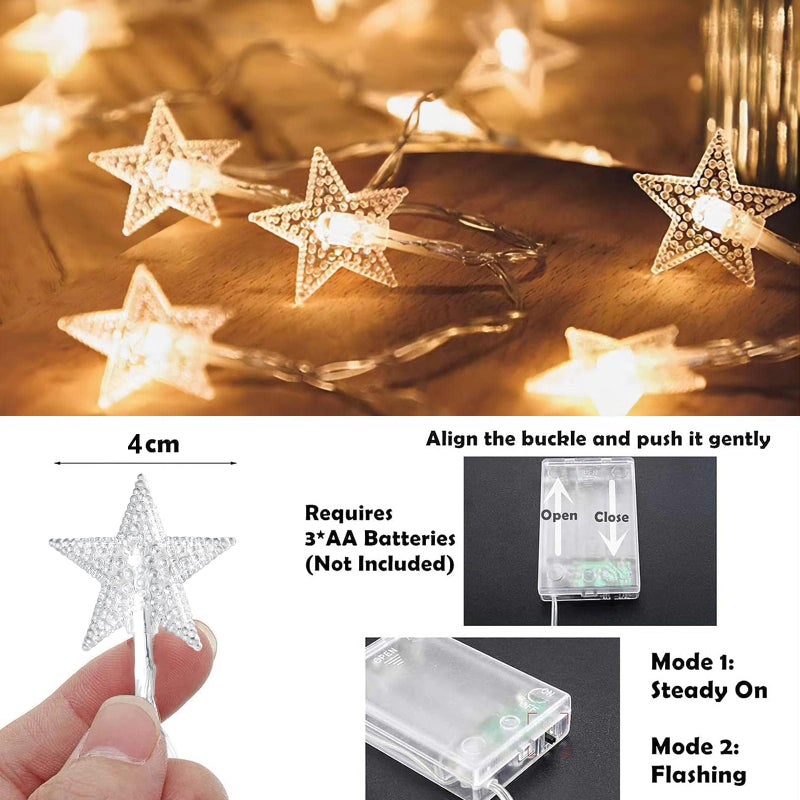 CESOF Ramadan Decorations Star String Lights, 20 FT 40 LED Battery Operated Twinkle Lights Warm White Cute Hanging Star Fairy Light for Bedroom Room Office Home Camper Indoor Outdoor Eid Xmas Tree Decor - Image 4