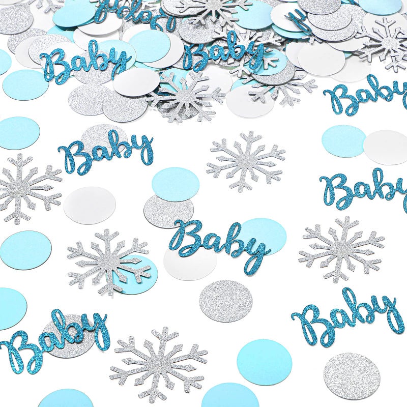 300 Pcs Winter Baby Shower Table Confetti Glitter Snowflake Confetti Silver White Table Decorations Paper Sprinkle Party Decorations for Baby Shower Gender Reveal Birthday Winter Party Decors Blue